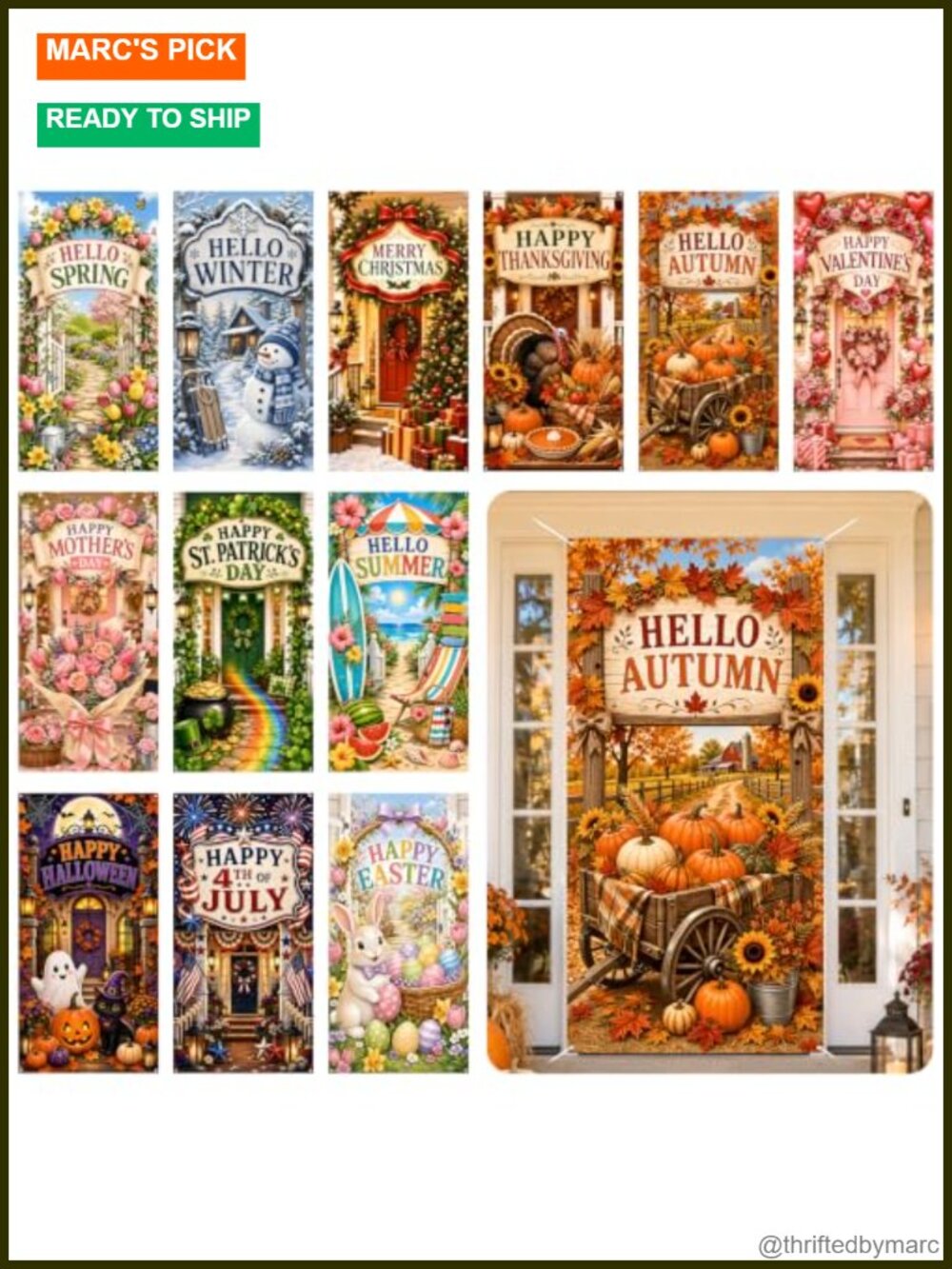 12-Piece Holiday Door Banner Set Seasonal Front Door Cover 35.4x70.9 Inch
